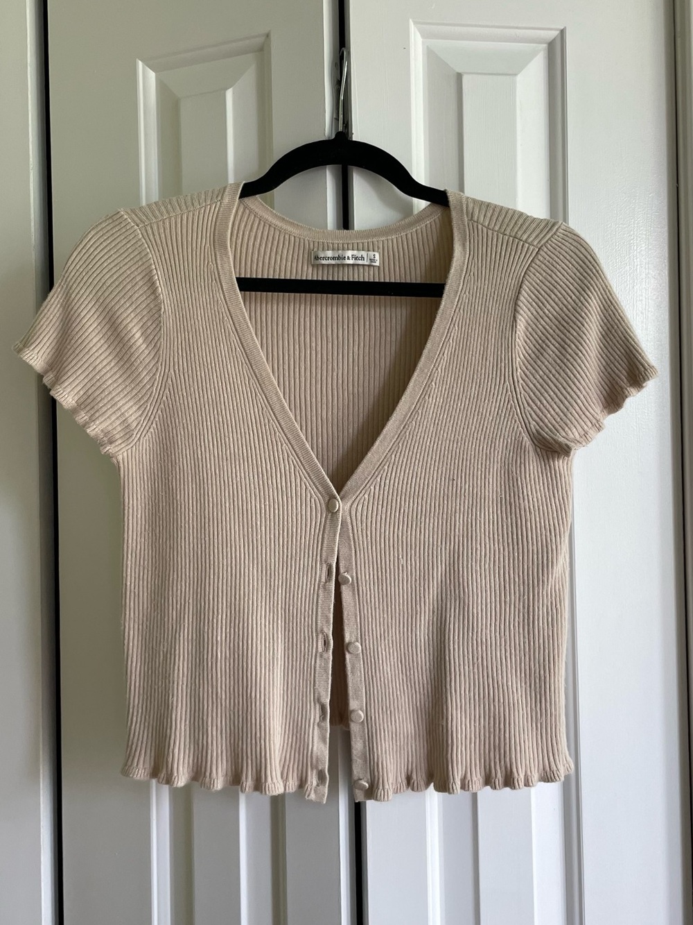 Abercrombie & Fitch Ribbed V-Neck Button Front Top - Beige